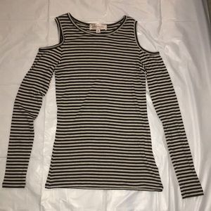 Black and ivory striped shirt with open shoulders